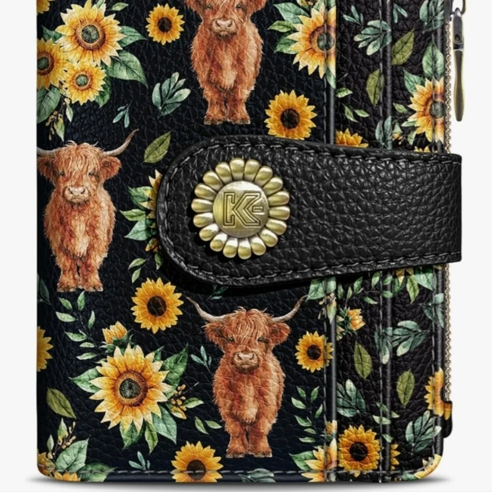 Floral RFID-Blocking Wallet Case - Black Brown Cow Sunflower